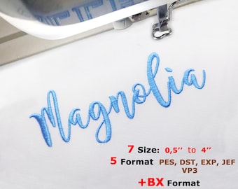 Magnolia Script Schrift, SX Pes Dst Jef VP3 Exp, SX Schrift, Cursive Schrift, Brother Pes Schrift, Mini Stickschrift, Größe 1,2 cm bis 10,5 cm
