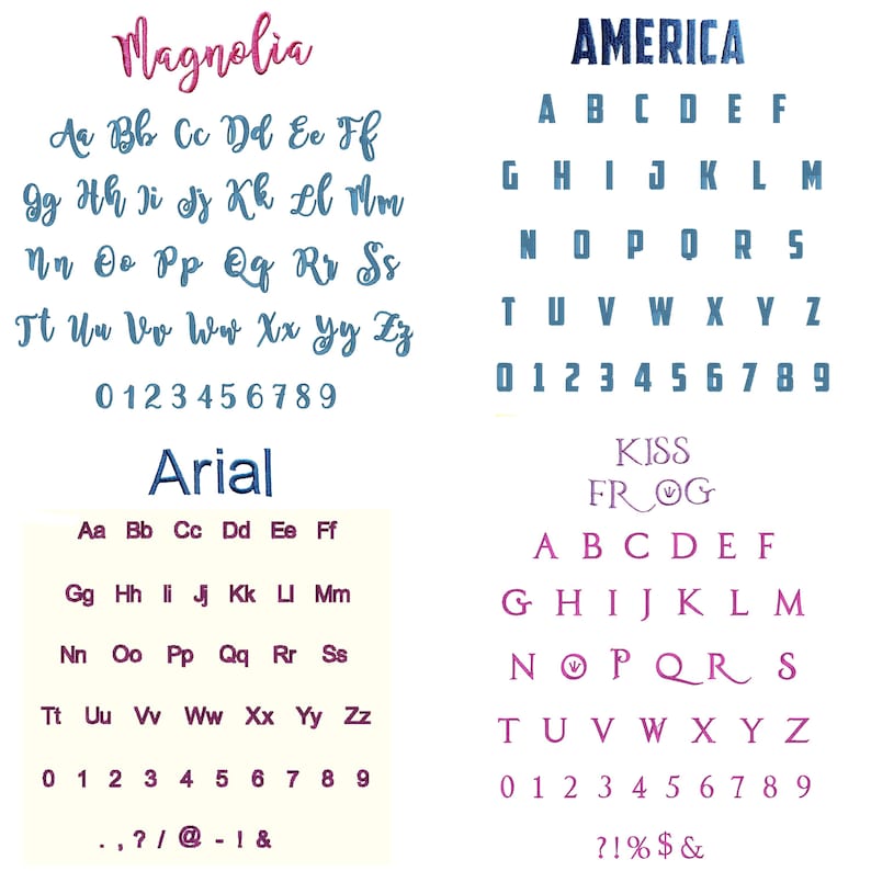 Op de afbeelding: Vier verschillende lettertypestijlen worden weergegeven tegen een witte achtergrond: Magnolia, America, Arial en Kiss Frog. Elk lettertype toont het alfabet, cijfers en speciale tekens. De lettertypen vari&euml;ren in stijl, kleur en ontwerp.