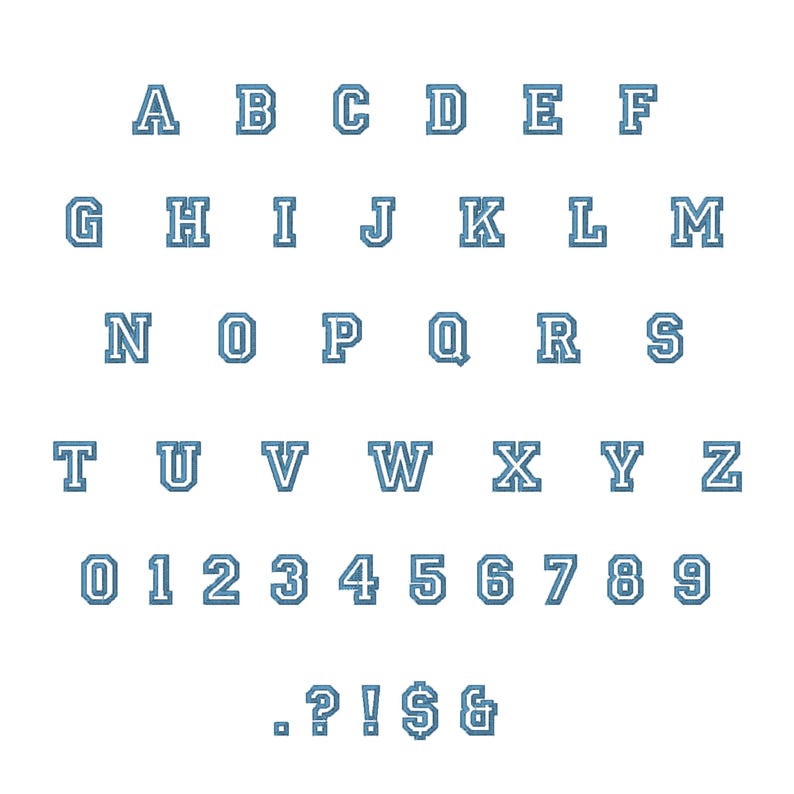 K&ouml;nnte beinhalten: Eine blaue und wei&szlig;e Alphabet- und Zahlen Schriftart im Varsity-Stil. Die Buchstaben und Zahlen sind wei&szlig; umrandet und mit Blau gef&uuml;llt. Die Schriftart enth&auml;lt auch Satzzeichen.