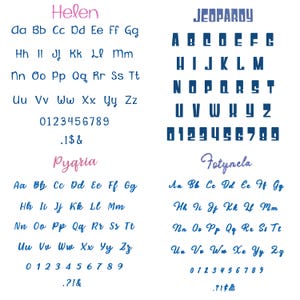 Op de afbeelding: Een witte achtergrond toont vier verschillende lettertypen. De lettertypen bevatten hoofdletters en kleine letters, cijfers en symbolen. Het woord "Helen" is geschreven in roze script. Het woord "Jeopardy" is in blauw.