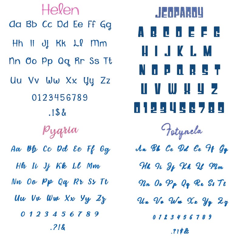 Op de afbeelding: Een witte achtergrond toont vier verschillende lettertypen. De lettertypen bevatten hoofdletters en kleine letters, cijfers en symbolen. Het woord "Helen" is geschreven in roze script. Het woord "Jeopardy" is in blauw.
