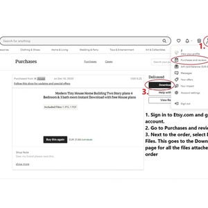 Op de afbeelding: Schermafbeelding van een Etsy-aankoop pagina. De afbeelding toont het account van een gebruiker met een lijst met aankopen. Er worden instructies gegeven om bestanden te downloaden. De tekst bevat "Modern Tiny House Home Building Two Story plans 4 Bedroom & 3 bath room Instant Download."