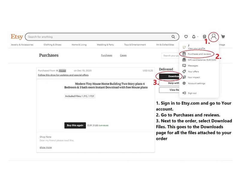 Op de afbeelding: Schermafbeelding van een Etsy-aankoop pagina. De afbeelding toont het account van een gebruiker met een lijst met aankopen. Er worden instructies gegeven om bestanden te downloaden. De tekst bevat "Modern Tiny House Home Building Two Story plans 4 Bedroom & 3 bath room Instant Download."