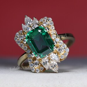 Bague vintage pour femme, plaqué or jaune 14 carats, émeraude et diamant de 2,2 carats, bague unique, cadeau d&#39;anniversaire art déco, cadeau d&#39;anniversaire