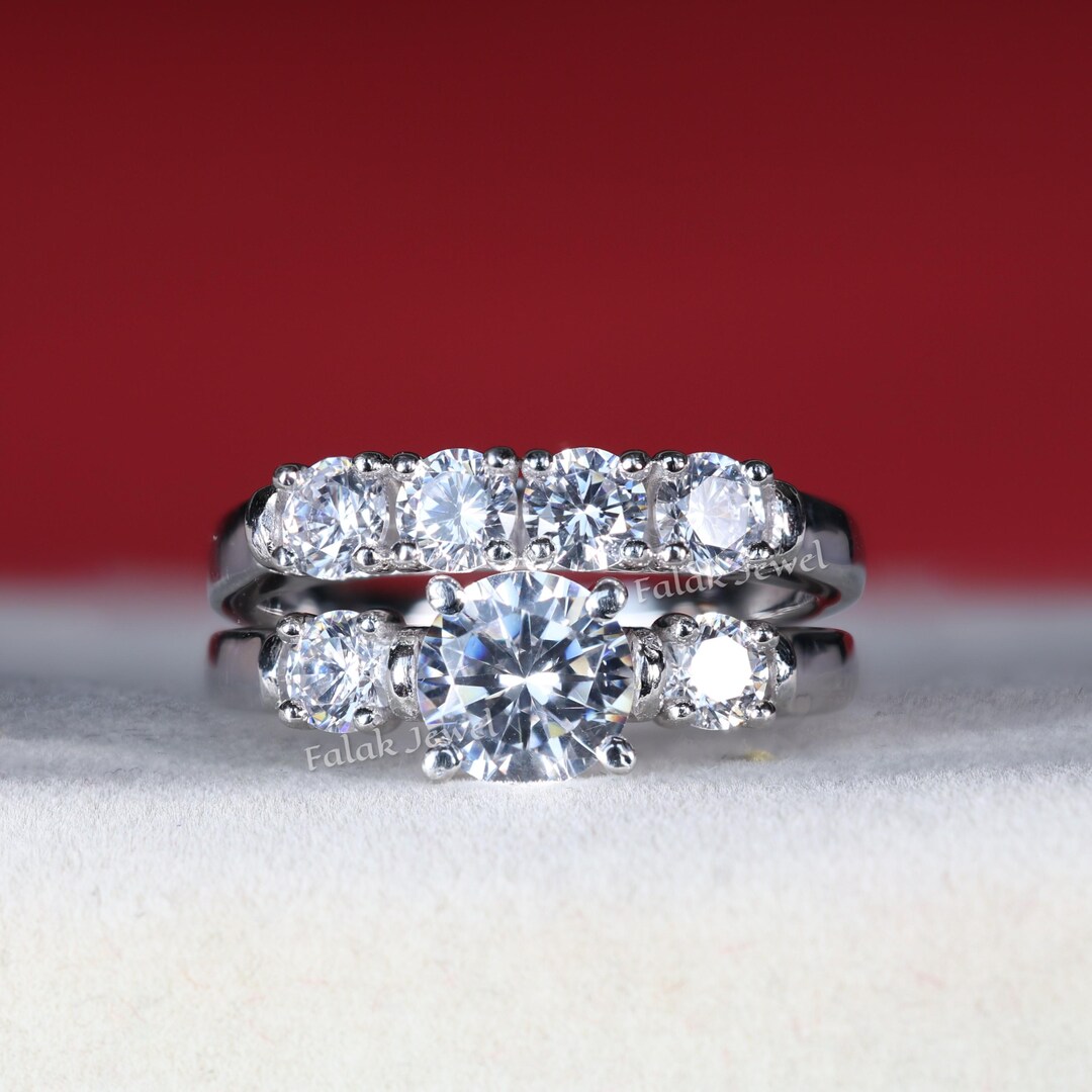 2 Piece Engagement Ring, Three Stone Bridal Set, 925 Sterling Silver, 2 ...