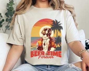 Sunset Dog Beer Time Forever Shirt, Funny Beach Dog Tee, Summer Sunset Drinking Dog Shirt, Vacation Shirt 375334