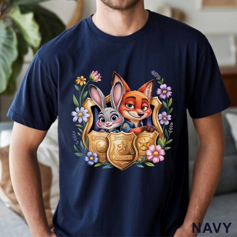 Puede incluir: Camiseta azul marino con un gr&aacute;fico colorido de Judy Hopps y Nick Wilde de Zootopia dentro de una placa de polic&iacute;a, rodeada de flores. La palabra "NAVY" est&aacute; impresa en la parte inferior derecha.