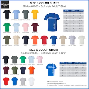 a chart showing the size and color of a t - shirt