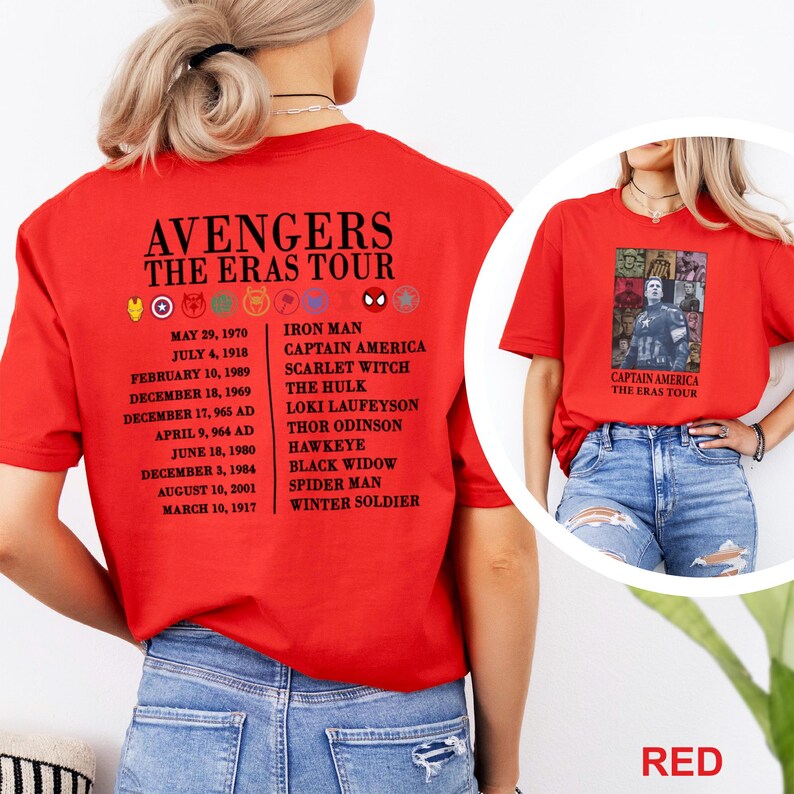 May include: A red t-shirt with the text "AVENGERS THE ERAS TOUR" and character icons, plus dates. The back lists characters including Iron Man and Captain America. The front has a smaller image of Captain America and the text "CAPTAIN AMERICA THE ERAS TOUR".