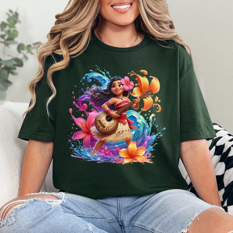 May include: Dark green t-shirt featuring a vibrant illustration of a cartoon character playing a ukulele. The design includes colorful flowers, water splashes, and a tropical theme. The shirt is made of a soft material.