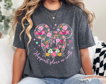 Disney Happiest Place On Earth Shirt Disney Magical Castle Shirt Floral Disney Girls Shirt, Disney Castle Shirt, Mickey Floral Shirt 373027