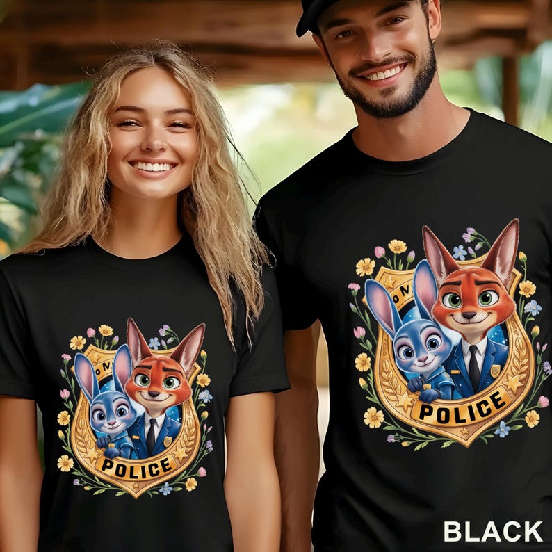 Peut inclure: T-shirts noirs avec une image de dessin anim&eacute; de Nick Wilde et Judy Hopps de Zootopia &agrave; l'int&eacute;rieur d'un badge de police. Le badge est entour&eacute; de fleurs et du mot "POLICE". Le mot "BLACK" est en bas.