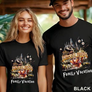 May include: Black t-shirts with a Universal Studios graphic featuring a castle, Minions, and the text "Family Vacation." The shirts are worn by a smiling man and woman.