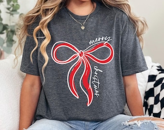 Merry Christmas Bow Shirt Coquette Christmas Bow Tee Women's Holiday Shirt Christmas Party Tee, Cute Christmas Girly Shirt Xmas Gift 373732