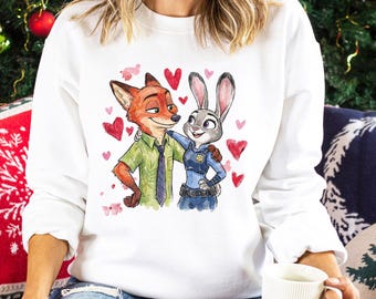 Watercolor Judy Hopps Nick Wilde Heart Sweatshirt, Valentine Zootopia Sweatshirt, Hearts Zootopia Hoodie, Disney Love Crewneck 374494