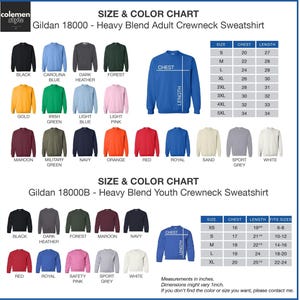 a chart showing the size and color of sweatshirts