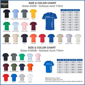a chart showing the size and color of a t - shirt