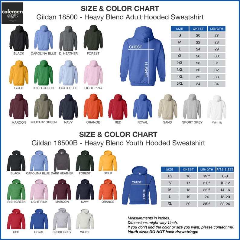 the size and color chart for a men's hoodie