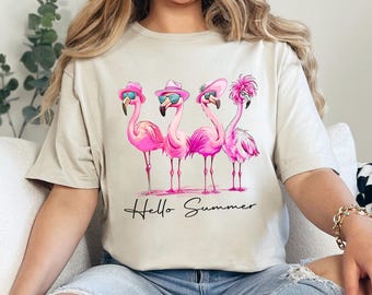 Hello Summer Flamingo Shirt, Cute Beach Girls Shirt Summer Flamingo Shirt, Tropical Animal Shirt, Summer Vacation Shirt Beach Party 373309