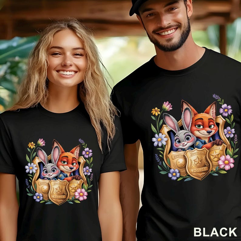 Puede incluir: Camisetas negras con un gr&aacute;fico colorido de un zorro y un conejo dentro de una placa de polic&iacute;a, rodeados de flores. El texto "BLACK" est&aacute; en la parte inferior de la imagen.