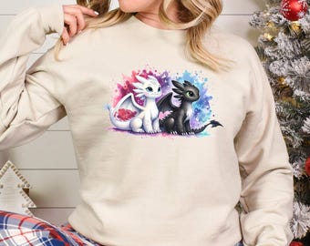 Toothless And Light Fury Watercolor Sweatshirt How To Train Your Dragon Hoodie Universal Studios Sweatshirt Dragon Matching Crewneck 373462