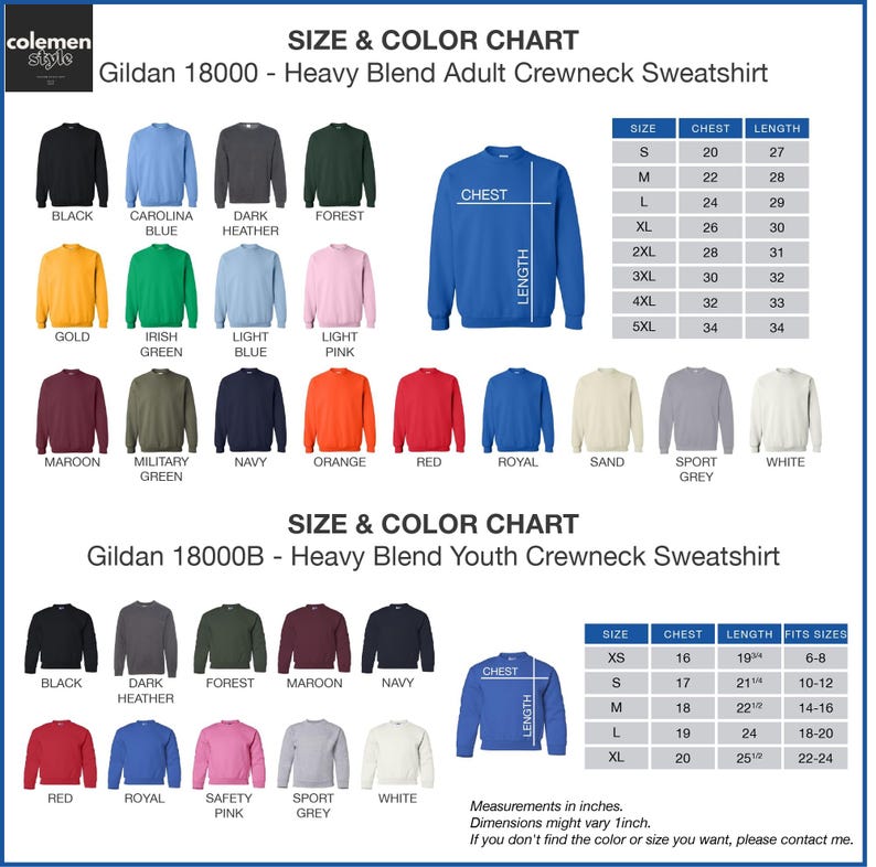 a chart showing the size and color of sweatshirts