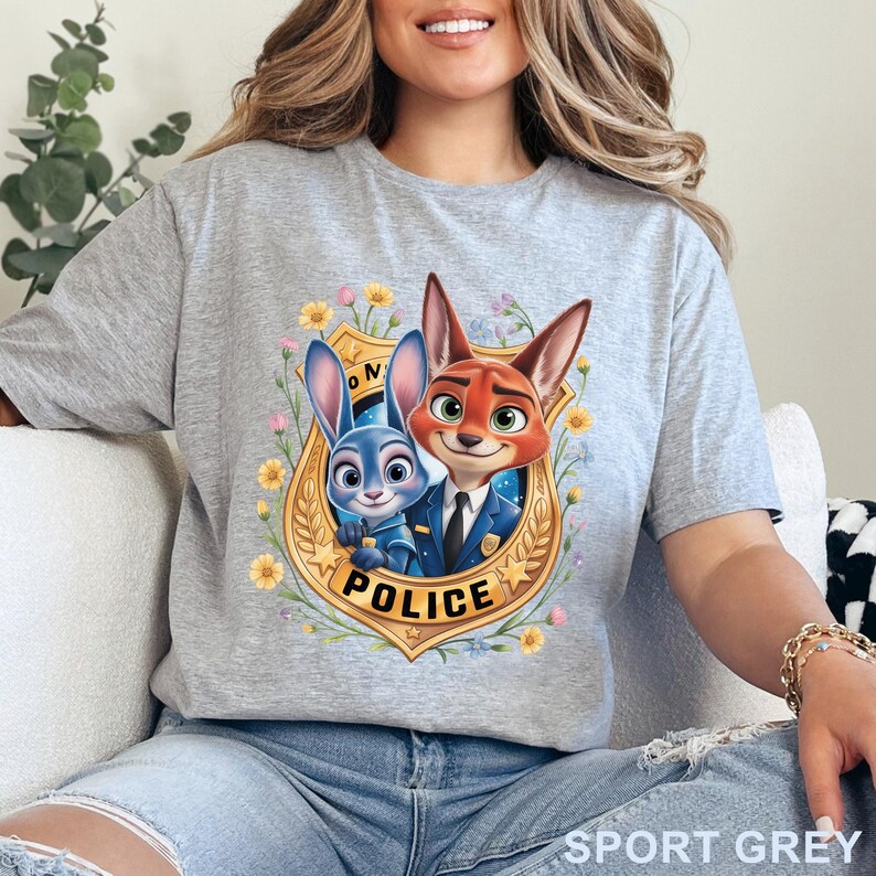 Peut inclure: T-shirt gris sport avec un motif de dessin anim&eacute; repr&eacute;sentant un lapin bleu et un renard roux &agrave; l'int&eacute;rieur d'un badge de police dor&eacute;. Le badge est entour&eacute; de fleurs jaunes et de feuilles vertes. Le mot "POLICE" est imprim&eacute; sur le badge.