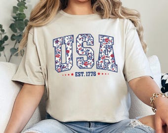 USA Floral Shirt, Patriotic Shirt, 4th of July Shirt, Floral USA Shirt ,Americana Shirt,Patriotic Girls Shirt,  Floral  USA Party Tee,372935