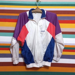 Vintage 1990&#39;s Adidas track top jacket Size L Europe retro sport cloth White oldsсhool blue Sweatshirt