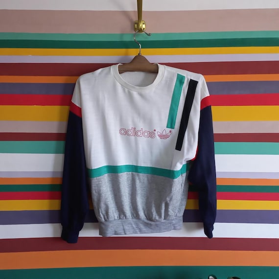 Vintage Adidas Sweatshirt: 80s Multicolor Pullover, Made in France 