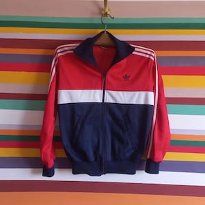 Vintage 1980&#39;s Adidas track top jacket Made in England Size XS-S Europe retro sport cloth Oldsсhool blue/red sweatshirt