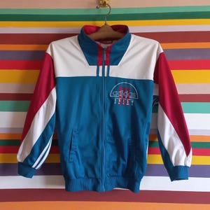 Vintage 1990&#39;s Adidas track top jacket Size M Europe retro sport Multicolor oldsсhool blue / white sweatshirt