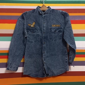 Camisa azul vintage del ejército estadounidense de los años 90: camiseta informal de manga larga para hombre (L/XL)