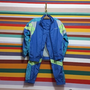 Vintage 1990&#39;s Adidas sports suit Track top jacket Size M Europe retro sport Multicolor oldsсhool blue green nylon sweatshirt with zipper