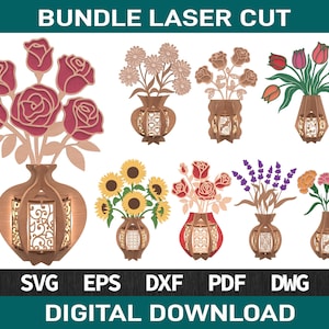 Könnte beinhalten: Eine Sammlung lasergeschnittener Blumenarrangements aus Holz in Vasen. Die Arrangements umfassen Rosen, Gänseblümchen, Tulpen, Sonnenblumen und Lavendel. Die Vasen haben dekorative Ausschnitte. Der Text oben lautet "BUNDLE LASER CUT".