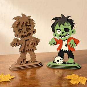 Archivo de corte láser de Halloween con temática de zombis, soporte de madera SVG, adorno espeluznante para estante (descarga digital)