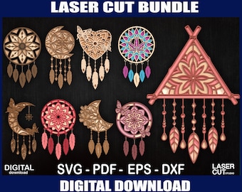 Fichiers découpés au laser attrape-rêves bohème, décor de plumes tribales SVG (téléchargement numérique)