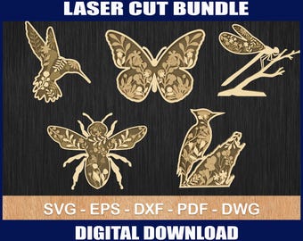 Floral Wildlife gelaagde SVG-bundel, lasergesneden bestanden (digitale download)