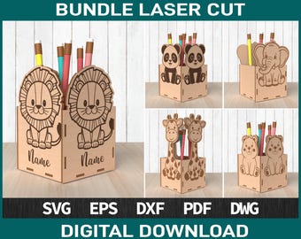 3D Holz Tier Bleistifthalter, Laser geschnitten SVG Bundle (digitaler Download)