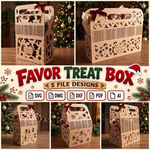 May include: A light-colored wooden favor treat box featuring intricate laser-cut patterns of Christmas motifs, including snowflakes and trees. The box has a handle, a dark red velvet bow, and a small plaque with the text Merry Christmas.