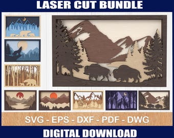 Layered Mountain Wall Art SVG, Wildlife Laser Cut Files (Digital Download)