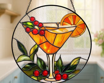 Cocktail Glass Stained Glass Suncatcher, Orange Drink Window Hanging Ornament, Summer Party Bar Decor, Unique Gift For Her or Him