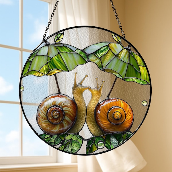 Snail in Rain Stained Glass Suncatcher, Snail Couple Window Hanging, Cute Garden Nature Art, Romantic Gift for Him or Her, Anniversary Decor