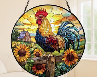 Rooster Glass Suncatcher – Farmhouse Window Hanging, Glass Suncatcher Chicken Decor, Country Kitchen Sun Catcher, Rustic Animal Gift