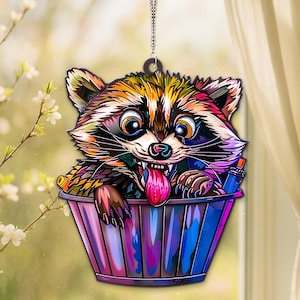 Raccoon Trash Can Acrylic Suncatcher, Cute Trash Panda Window Hanging, Woodland Animal Ornament, Funny Gift for Raccoon Lovers, Nature Home