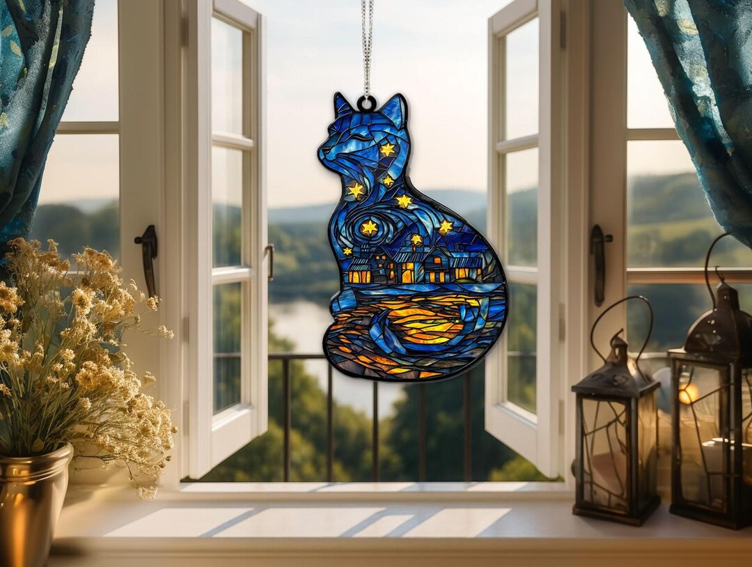 Van Gogh Starry Night Cat Acrylic Suncatcher, Faux Stained Glass Black ...