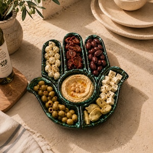 Puede incluir: Una bandeja de servicio de cerámica con forma de mano y esmalte verde oscuro moteado, dividida en seis secciones. Está llena de bolitas de mozzarella, tomates secos, aceitunas negras, hummus con garbanzos, cubos de queso feta y corazones de alcachofa.