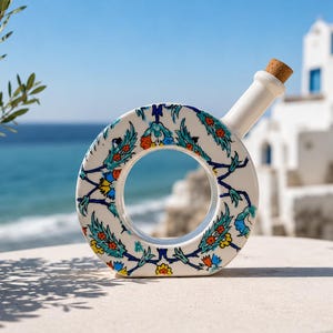 Op de afbeelding: Een witte keramische donutvormige fles met een kurken stop, voorzien van een kleurrijk bloemmotief in tinten blauw, groen, oranje en geel. De fles heeft een ronde opening in het midden en een cilindervormige hals aan de bovenzijde.