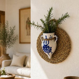 Op de afbeelding: Een witte keramische wandvaas met blauwe geometrische ontwerpen en een touwhandvat, met groene takjes, gemonteerd op een geweven ronde mat. De vaas is een decoratief stuk voor het tentoonstellen van planten.