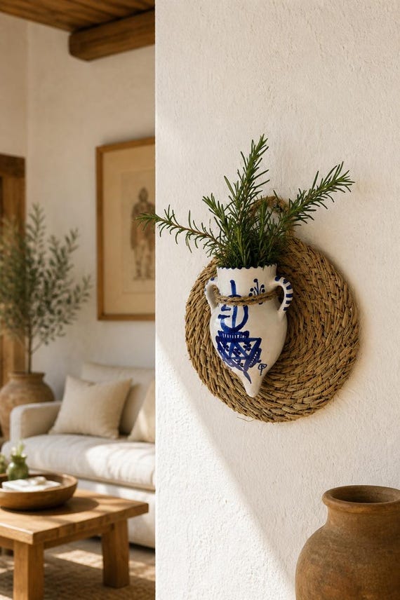 Mediterrane Wandvase Handgemachter Übertopf aus Keramik | Blau & Weiß Tunesische Keramik Wanddekor | Rustikaler Kräuterhalter | Boho Wohn Dekor